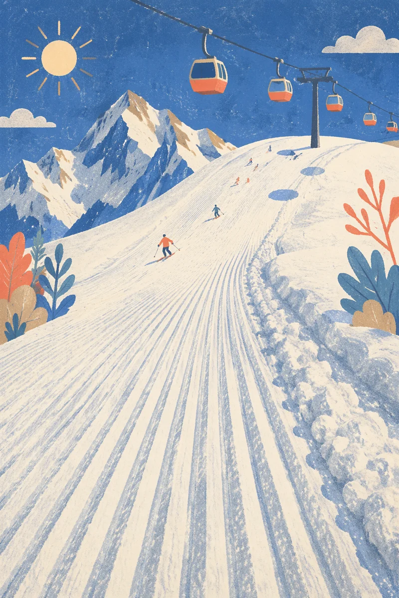 Alpine Downhill Ski Run in Winter Sun