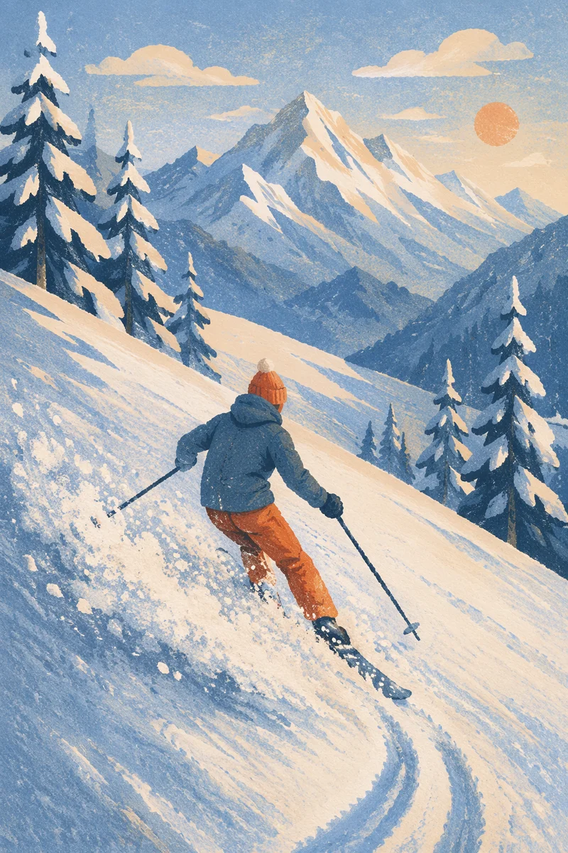 Lone Skier Descending Snowy Alpine Slope