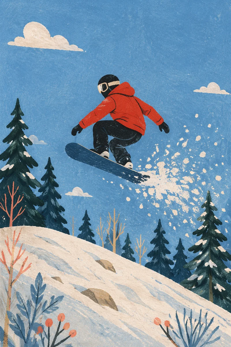 Red Jacket Rider Jumping Snowy Mountain