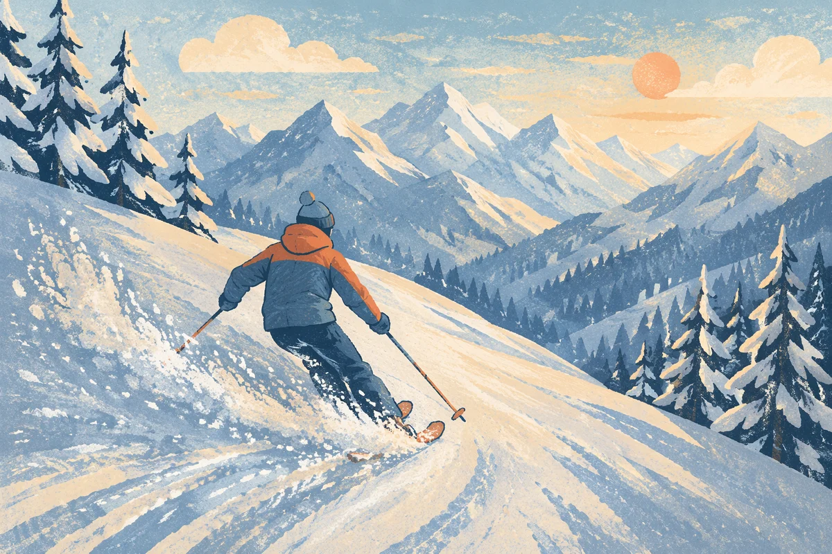 Lone Skier Descending Alpine Powder Slope