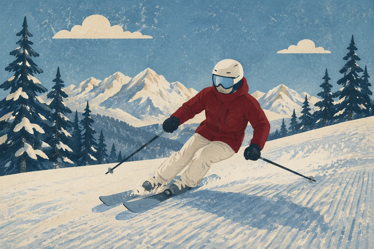 Burgundy Skier Descending Snowy Alpine Slope