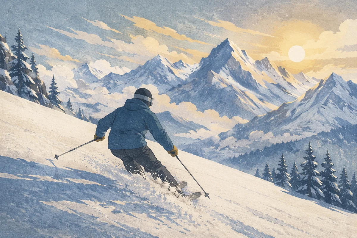 Lone Skier Carving a Mountain Dawn Slope