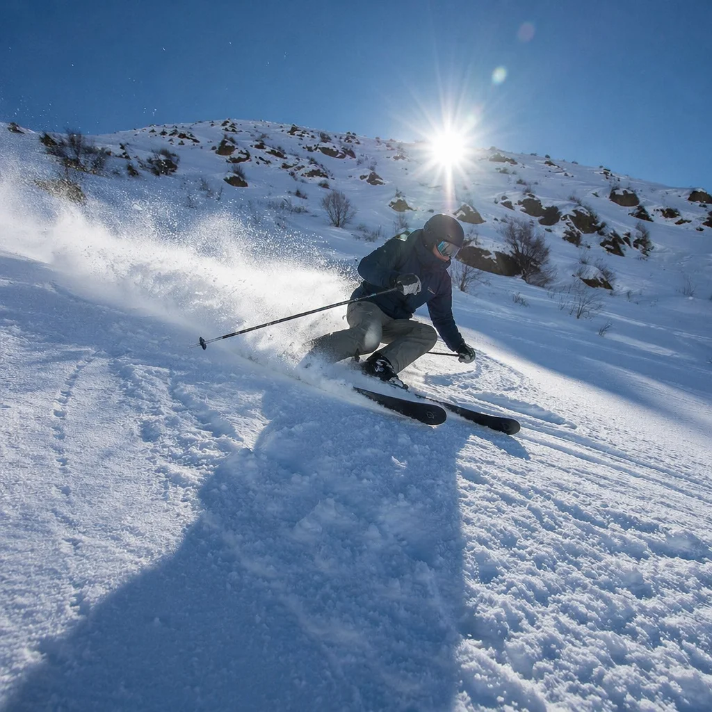 Downhill Skier Carving Fresh Mountain Powder