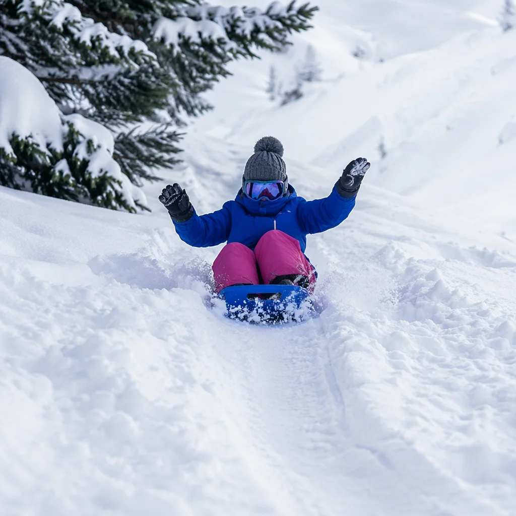 Winter Sledding Down Snowy Mountain Slope