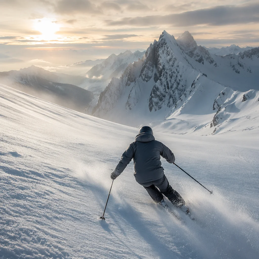 Lone Skier Carving Down Snowy Mountain