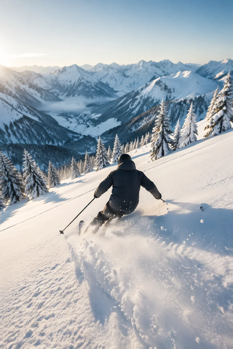 Lone Skier Carving Through Alpine Powder