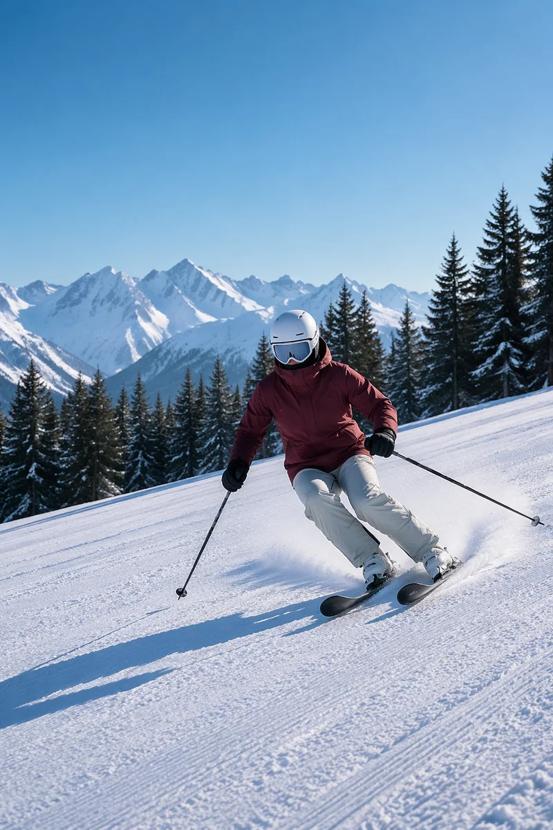 Skier Carving Down Snowy Alpine Slope