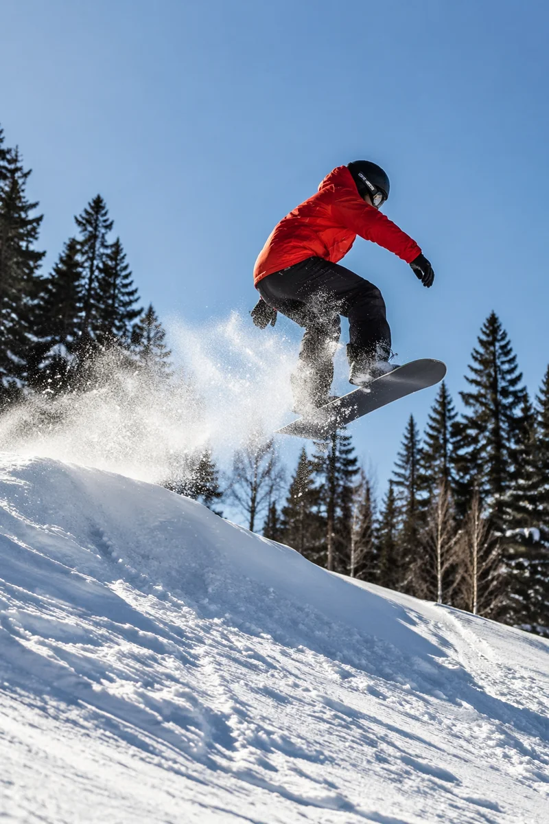 Red Jacket Snowboarder Mountain Jump
