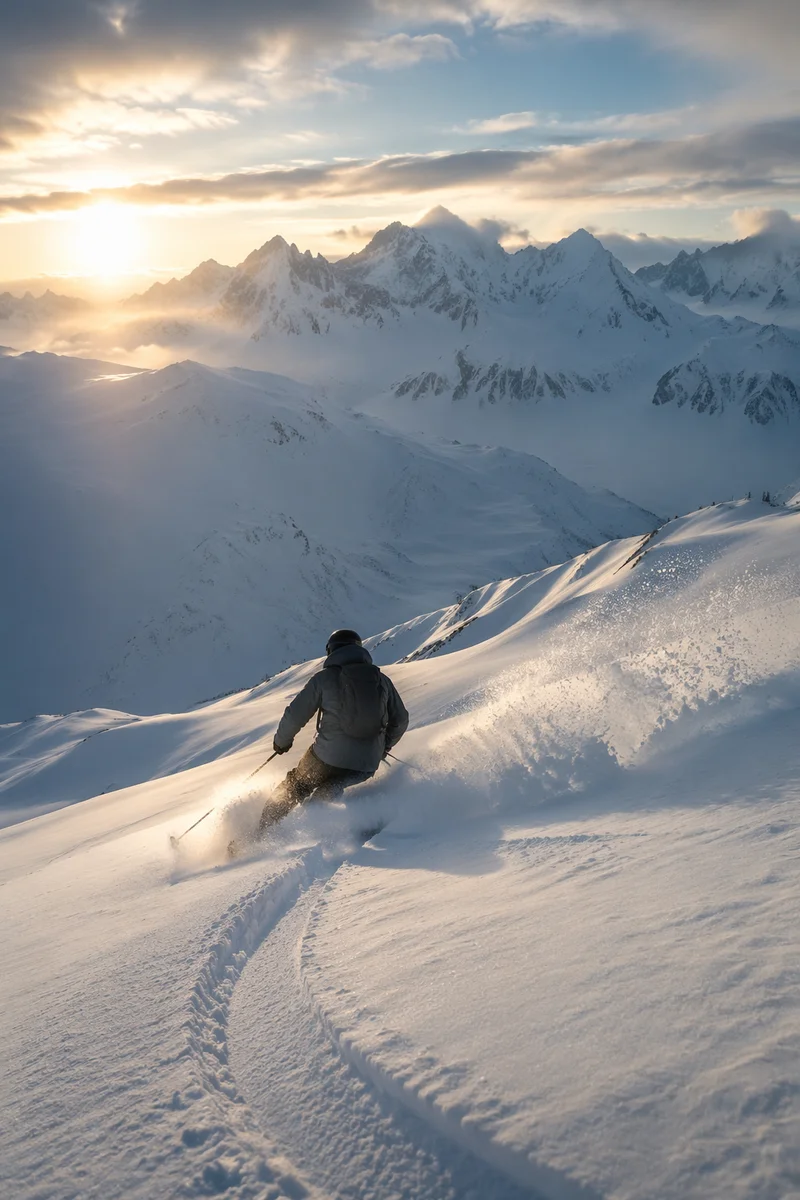 Lone Skier on Misty Alpine Descent