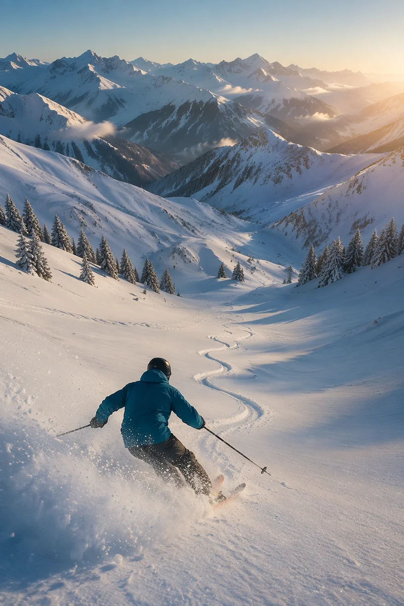 Lone Skier Carving Fresh Alpine Powder