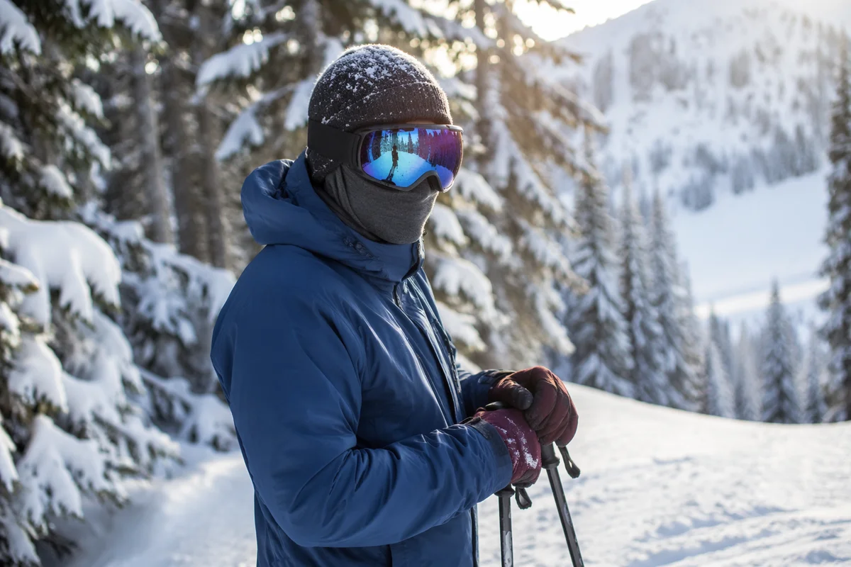 Skier Pausing Before Snowy Downhill Run