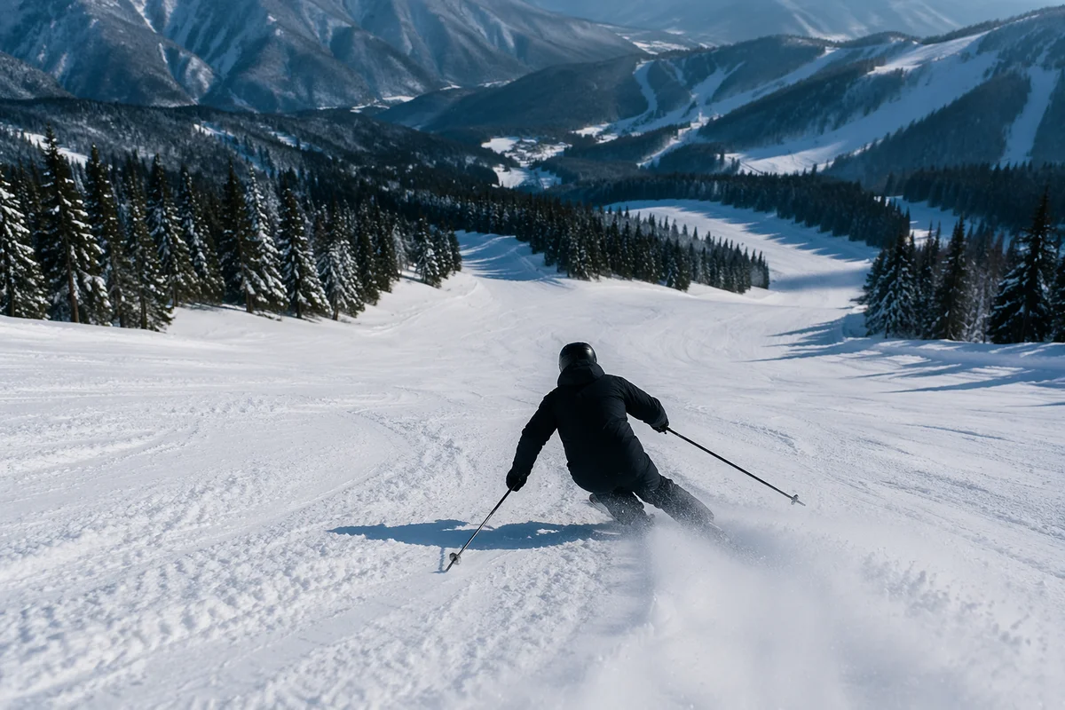 Lone Skier Carving Down Snowy Mountain