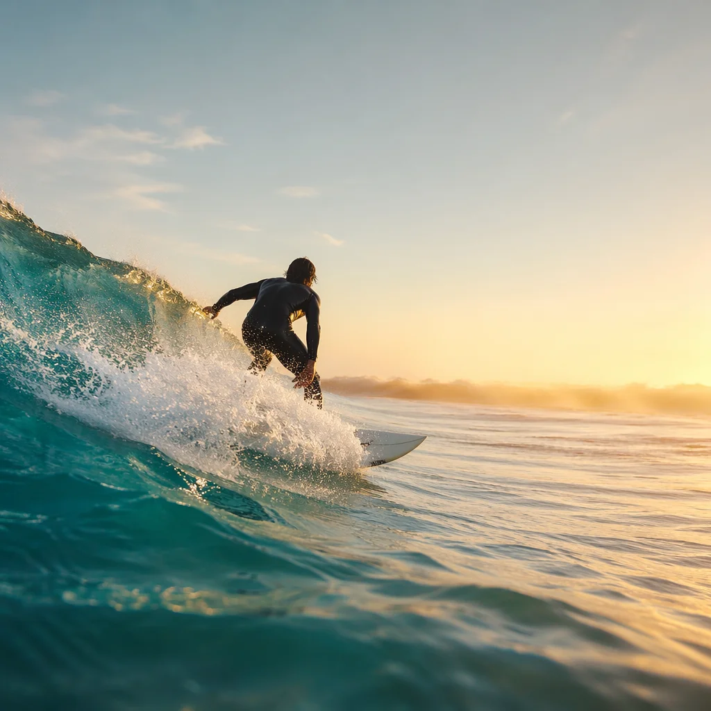 Sunrise Surfer Carving Turquoise Ocean Wave