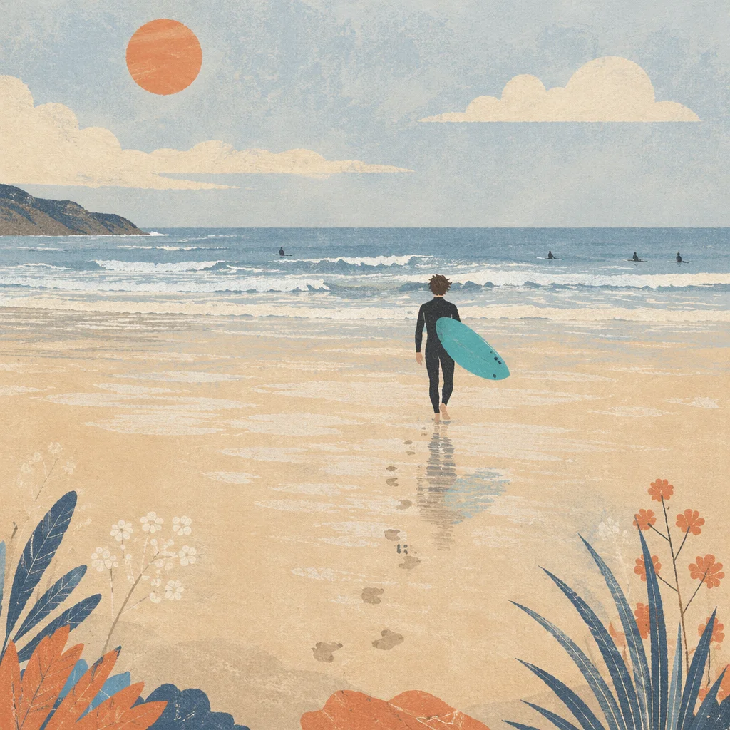 Surfer Walking Toward Gentle Summer Waves