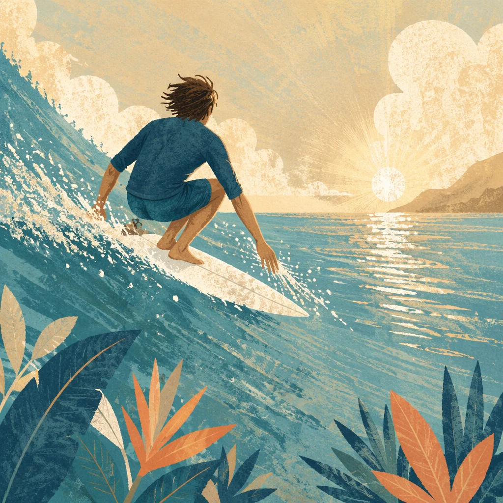 Surfer Riding Turquoise Wave at Sunrise