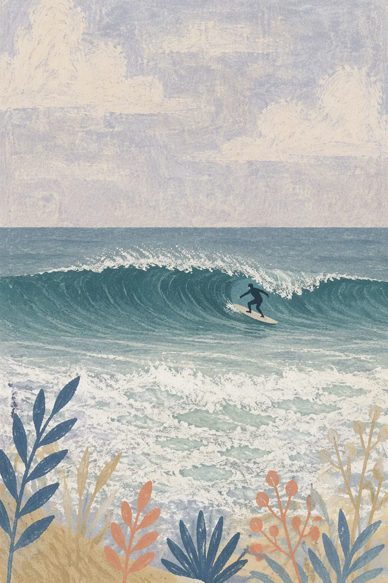 Distant Surfer Riding Teal Summer Wave