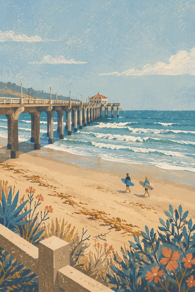 Surfers Walking by Summer Ocean Pier