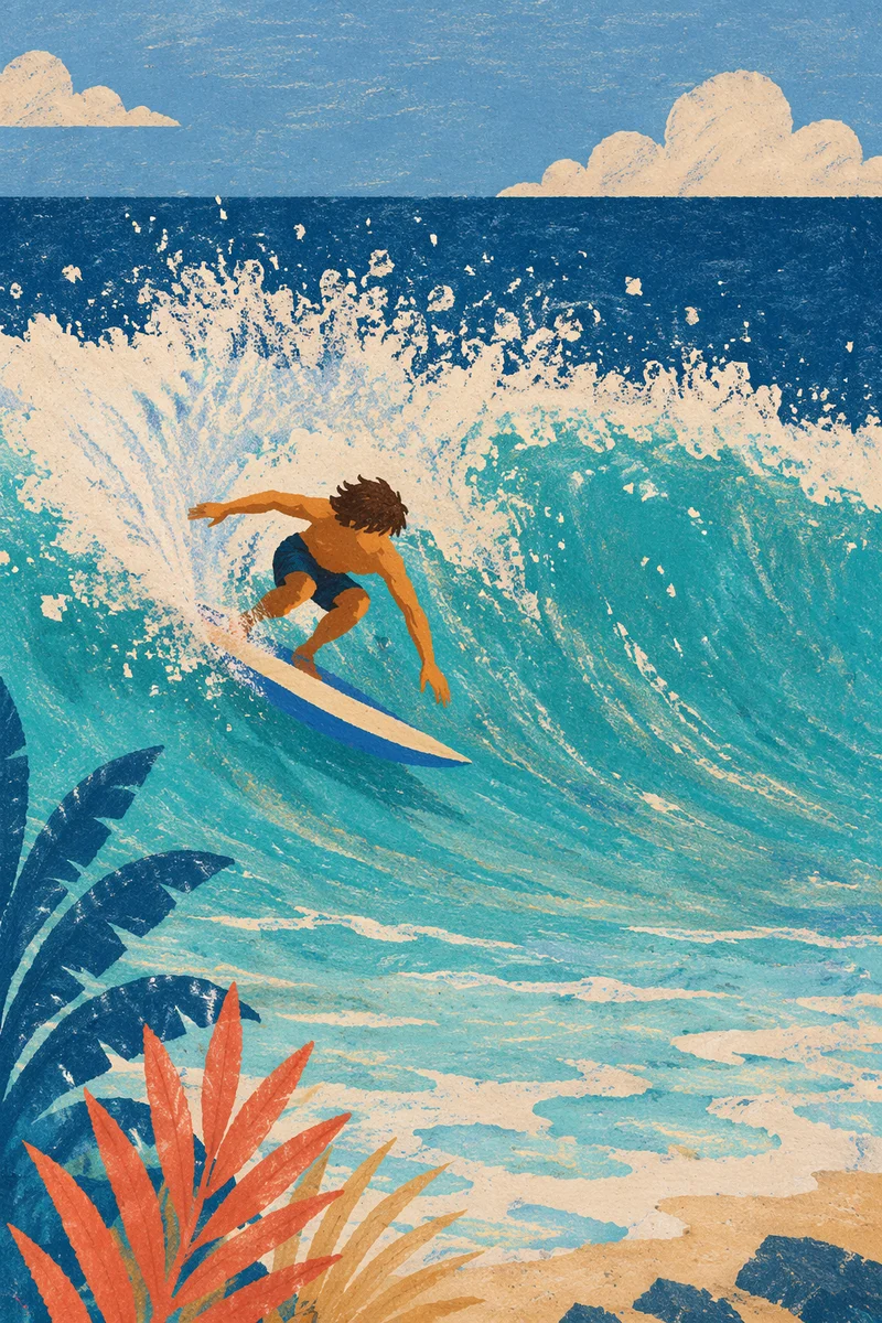 Surfer Carving Bright Turquoise Summer Wave