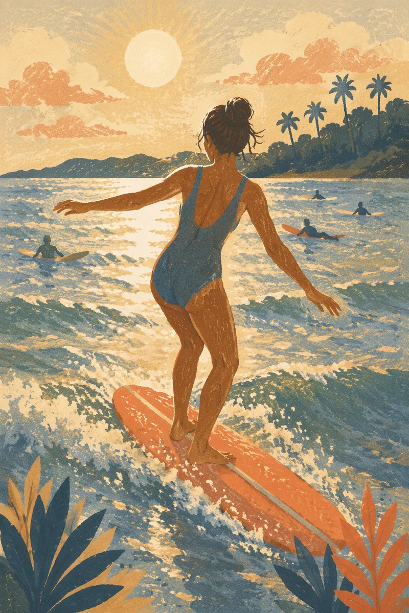 Backlit Summer Surfer on Ocean Longboard