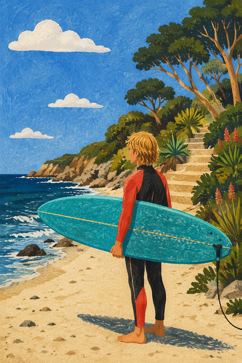 Summer Surfer Holding Turquoise Longboard