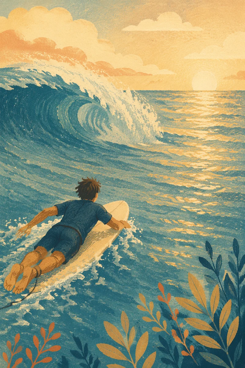 Surfer Paddling Toward Morning Turquoise Wave