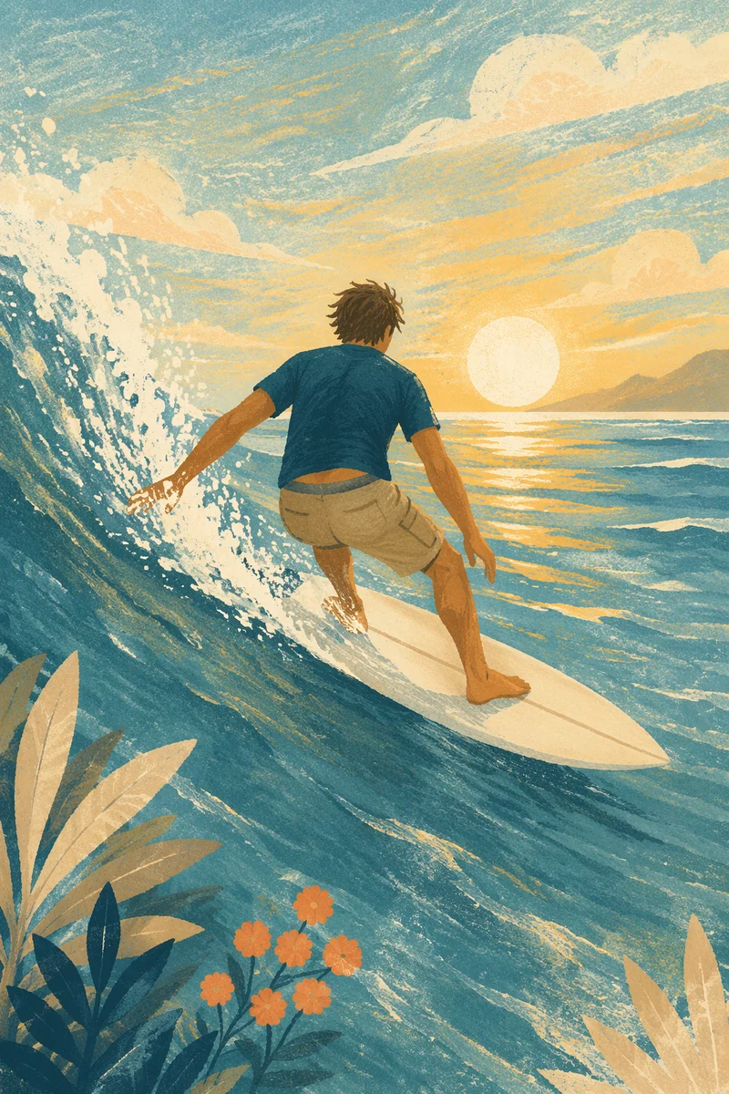 Surfer Riding Turquoise Wave at Sunrise