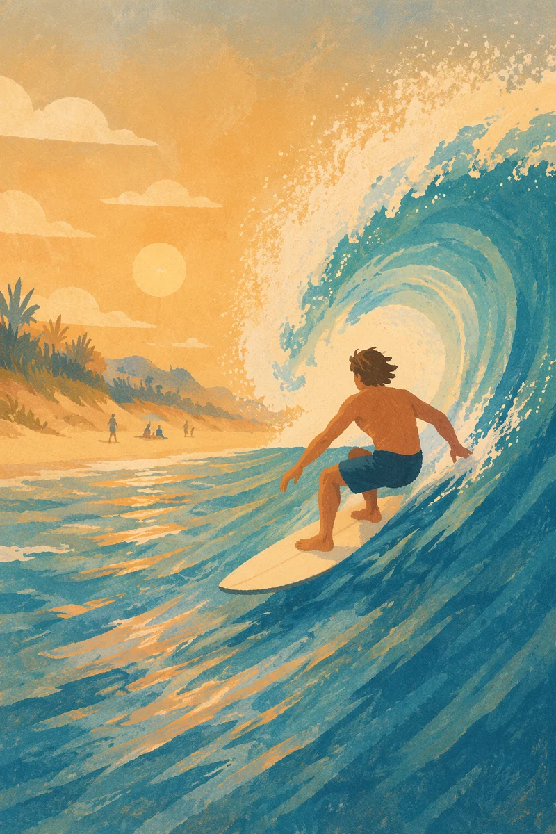 Golden Hour Surfer on Turquoise Wave