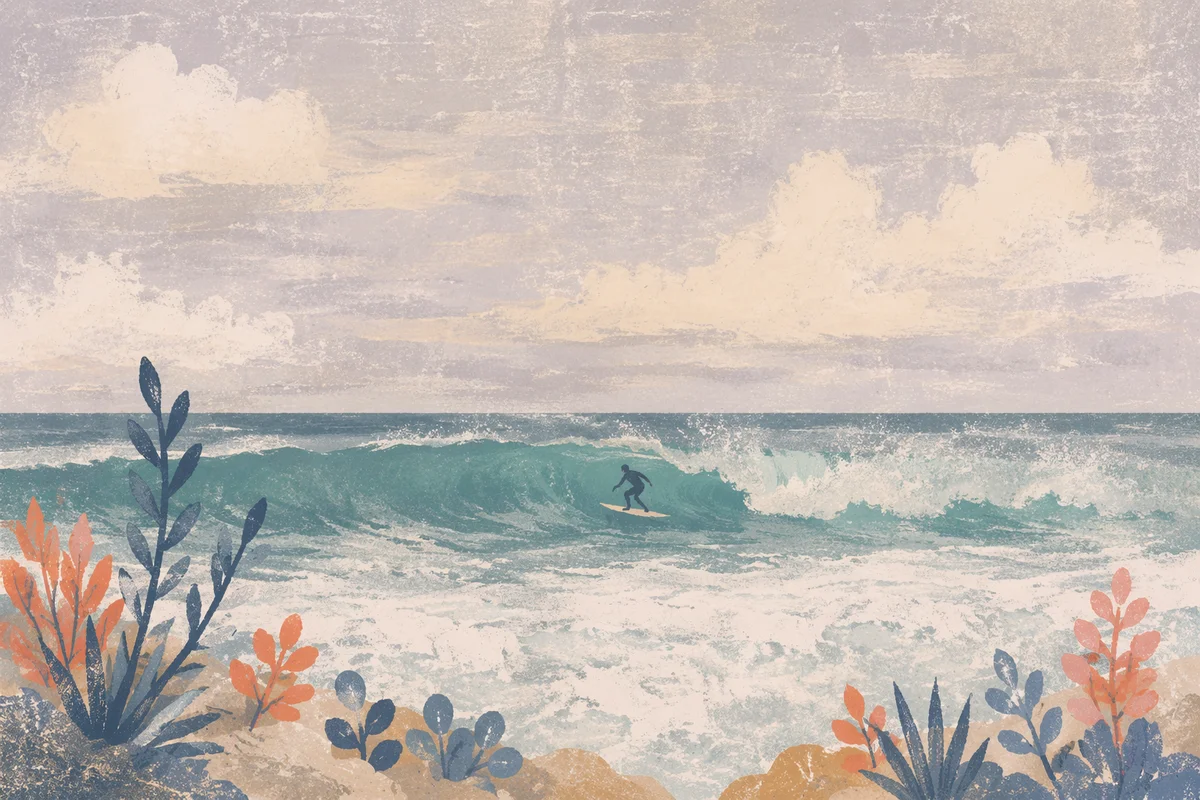 Distant Surfer Riding Teal Summer Wave