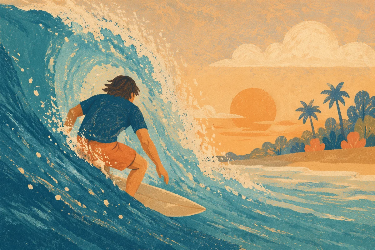Surfer Riding Turquoise Wave at Golden Hour