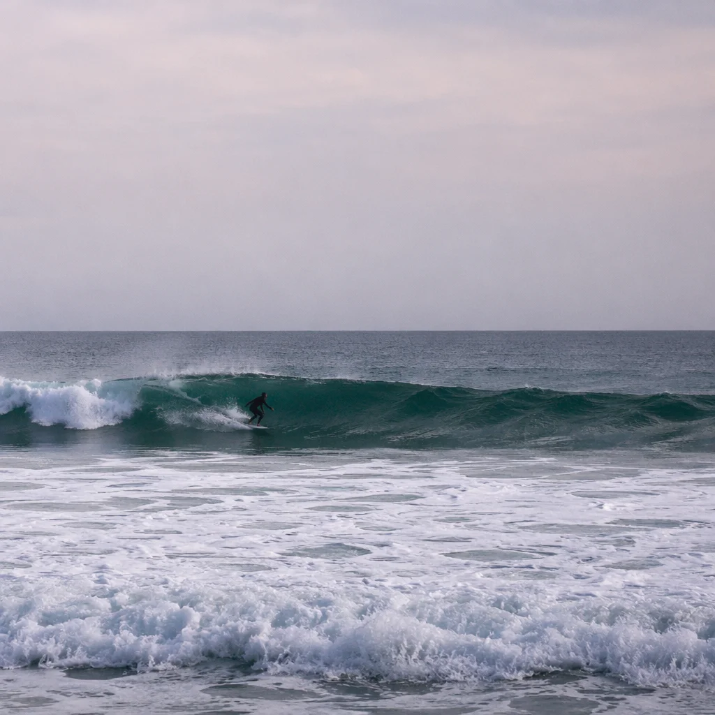 Distant Surfer Riding Teal Ocean Wave