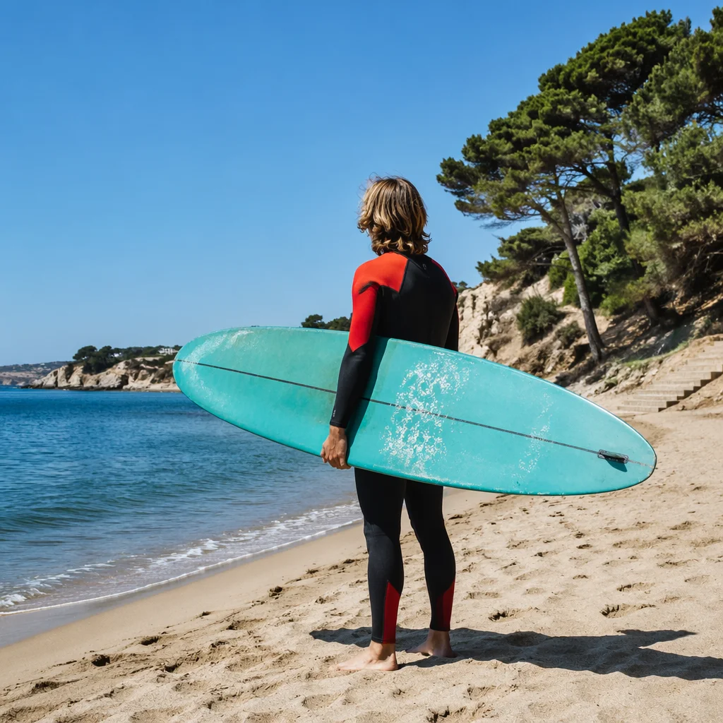 Summer Surfer with Turquoise Board by Ocean