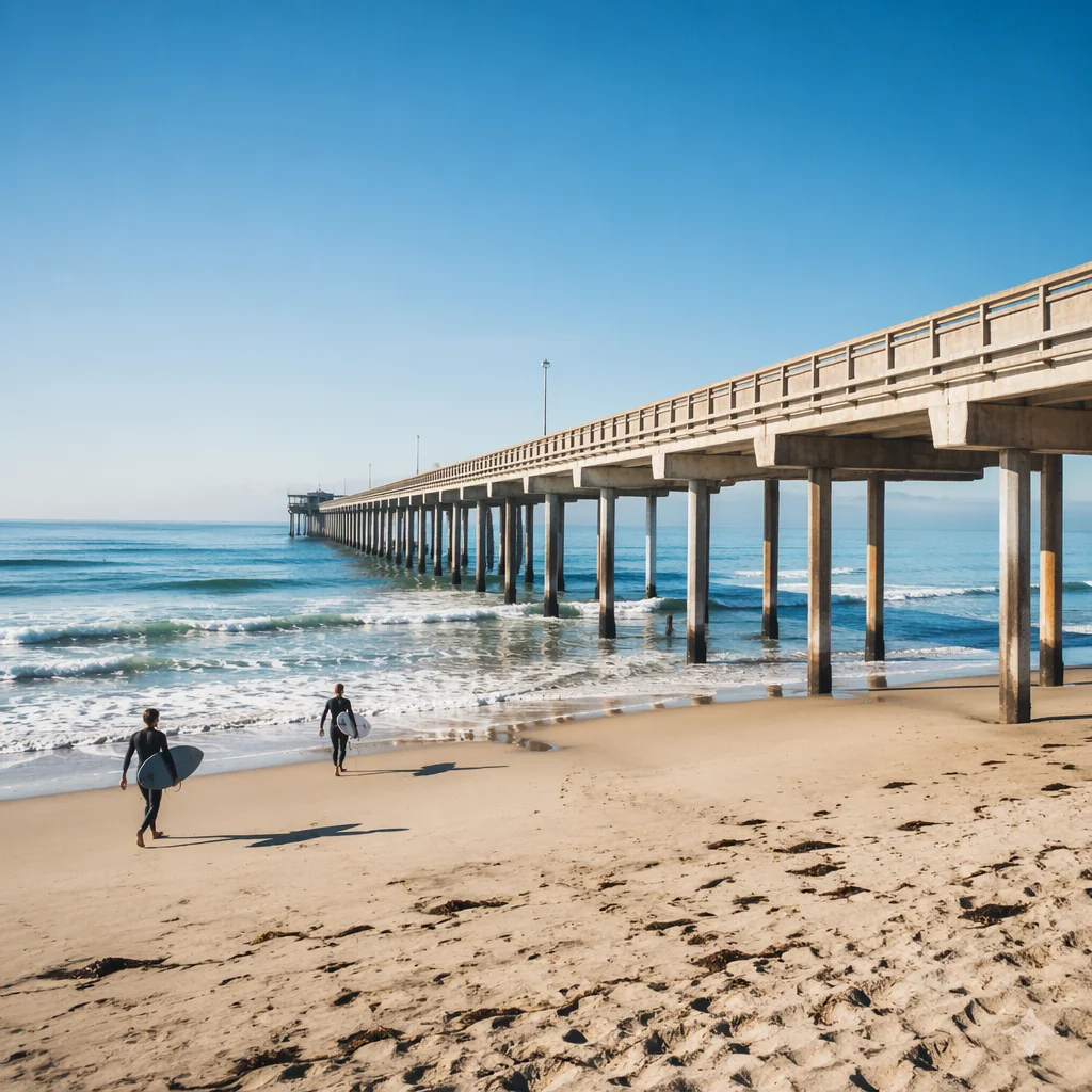 Summer Surfers by a Sunlit Ocean Pier