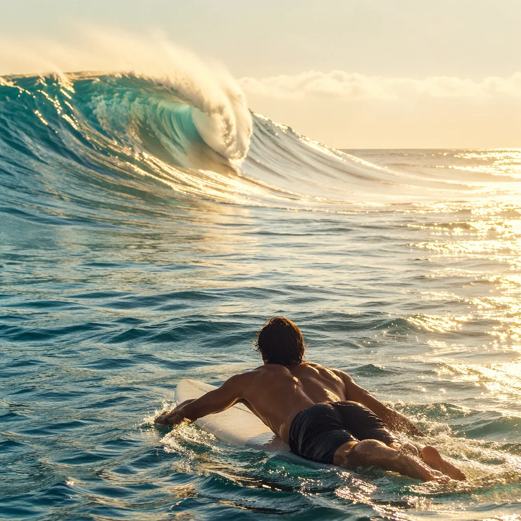 Surfer Paddling Toward Turquoise Morning Wave