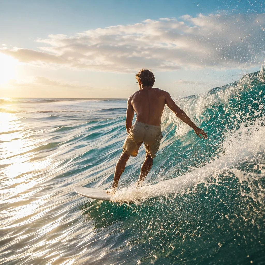 Surfer Riding Turquoise Wave at Sunrise