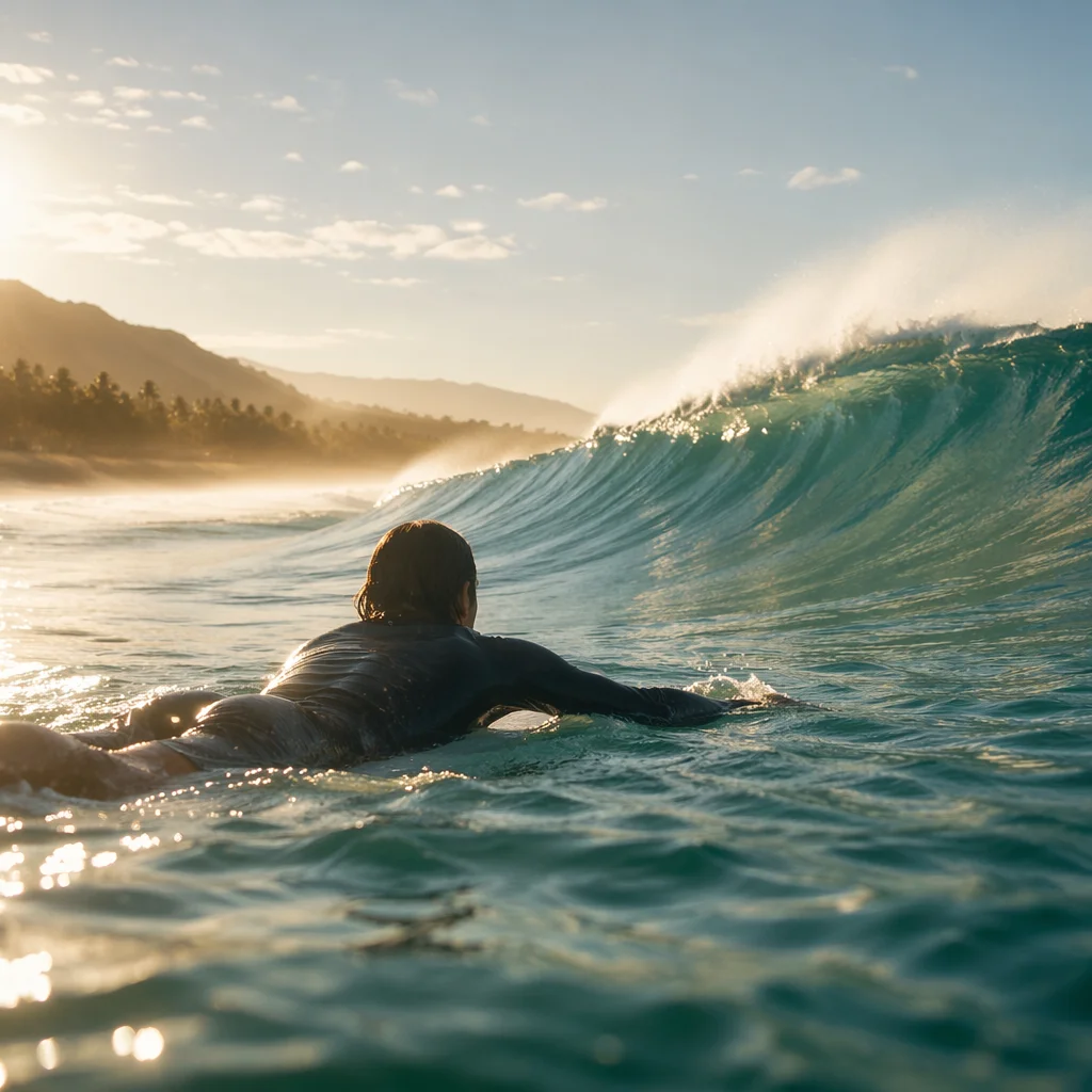 Surfer Paddling Toward Golden Sunrise Wave