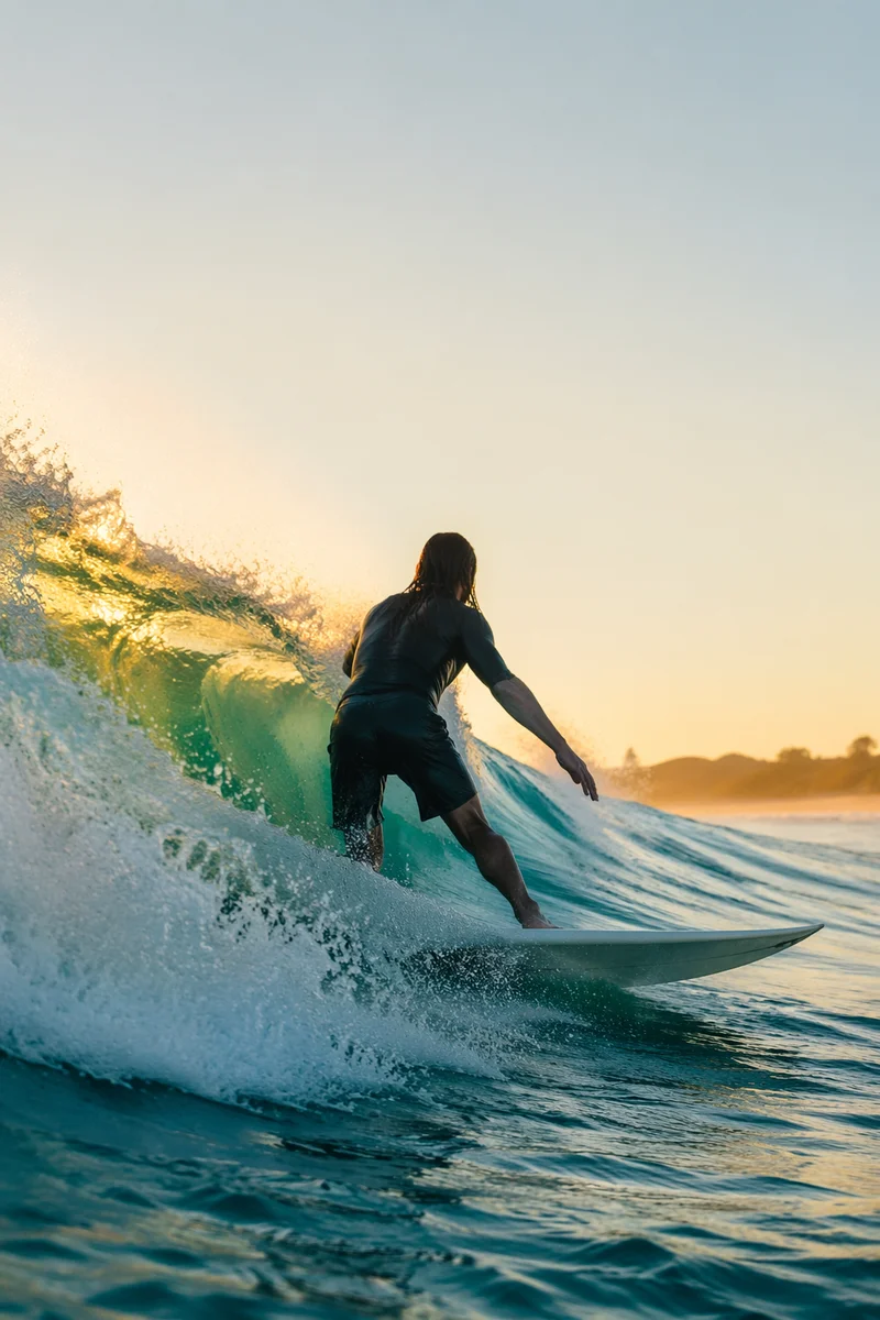 Surfer Riding Turquoise Wave at Golden Hour
