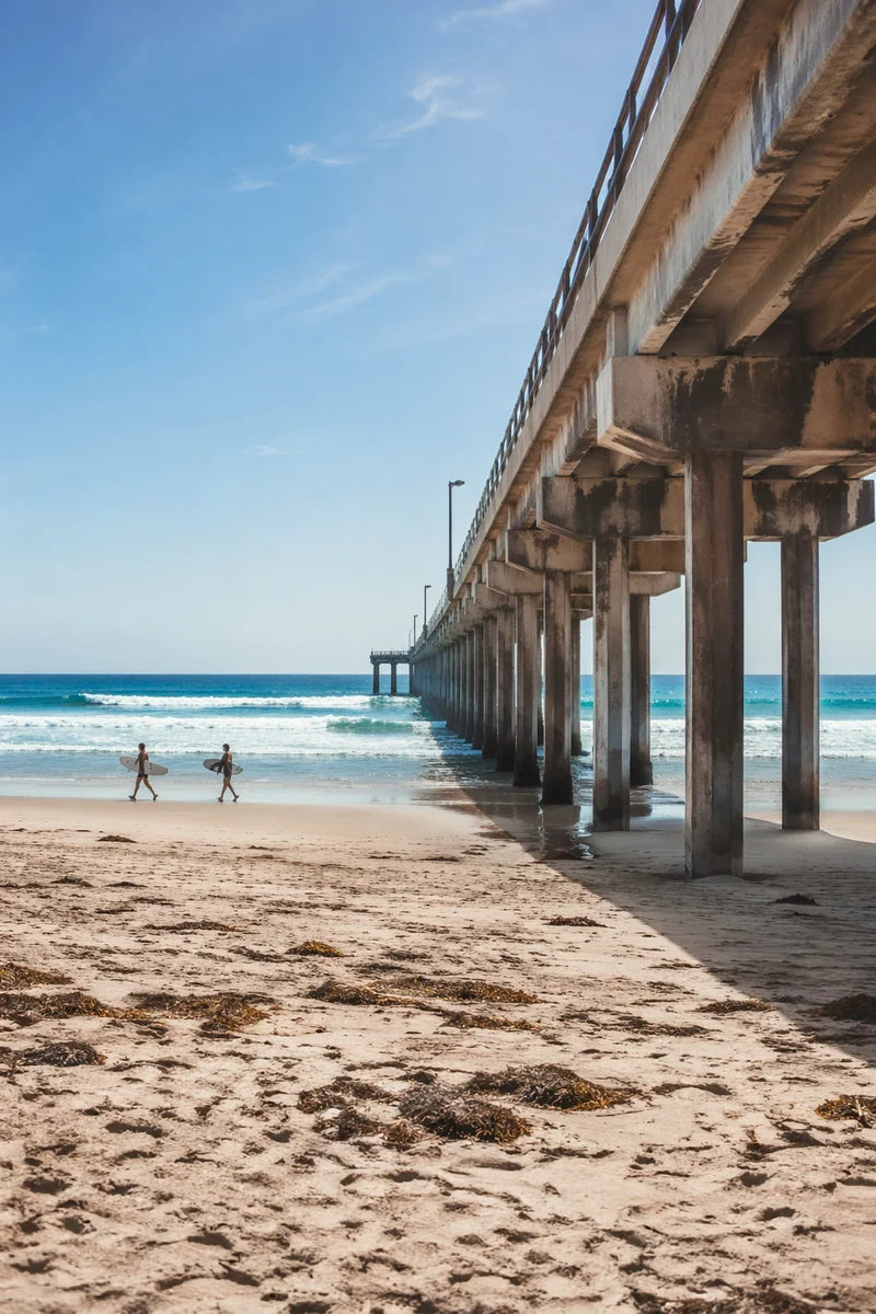Distant Surfers by Summer Ocean Pier
