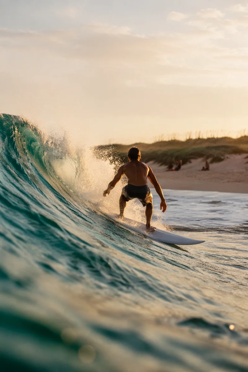 Golden Hour Surfer on Turquoise Wave