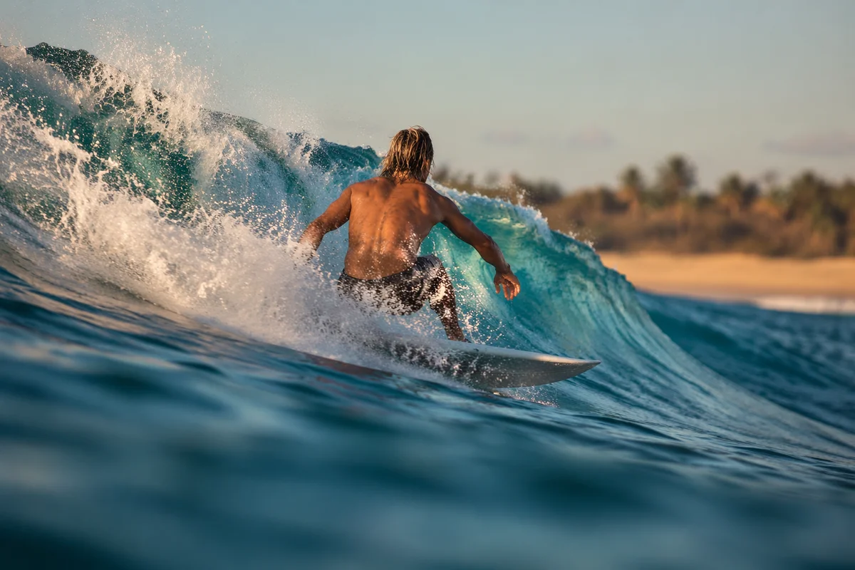 Surfer Riding Turquoise Wave at Golden Hour