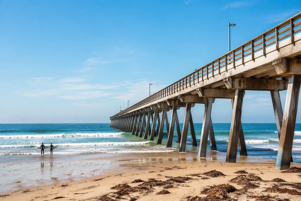 Distant Surfers by Quiet Summer Pier