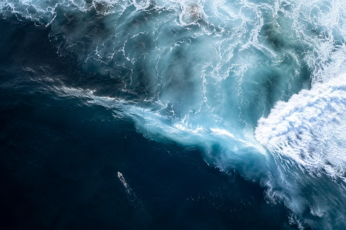 Aerial Summer Surfer and Turquoise Ocean Wave