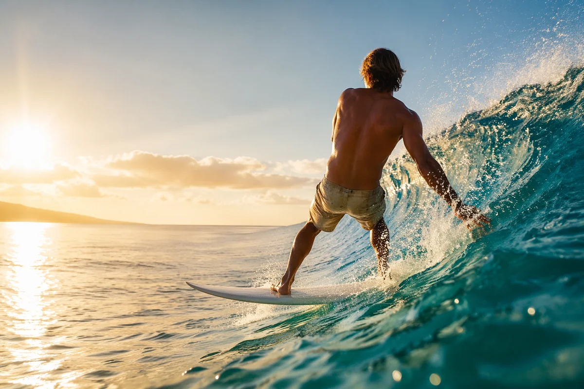 Surfer Riding Turquoise Morning Ocean Wave