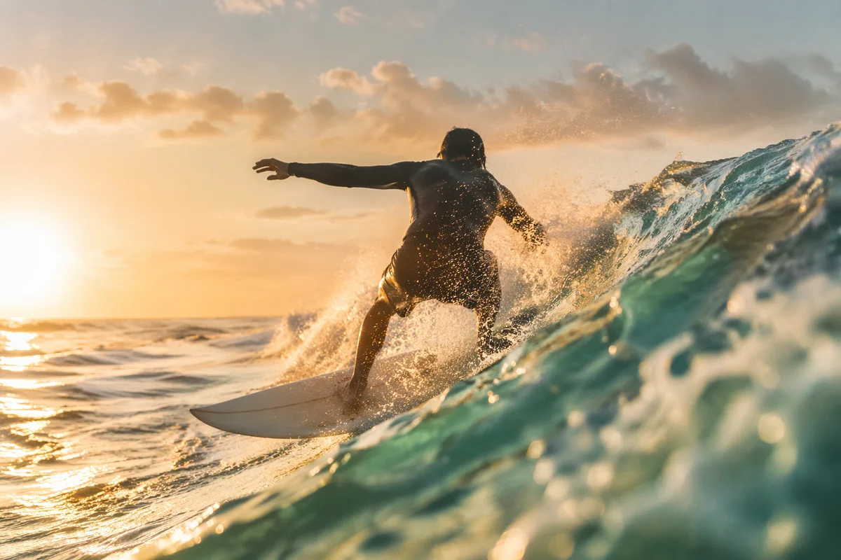 Surfer Riding Turquoise Wave at Sunrise