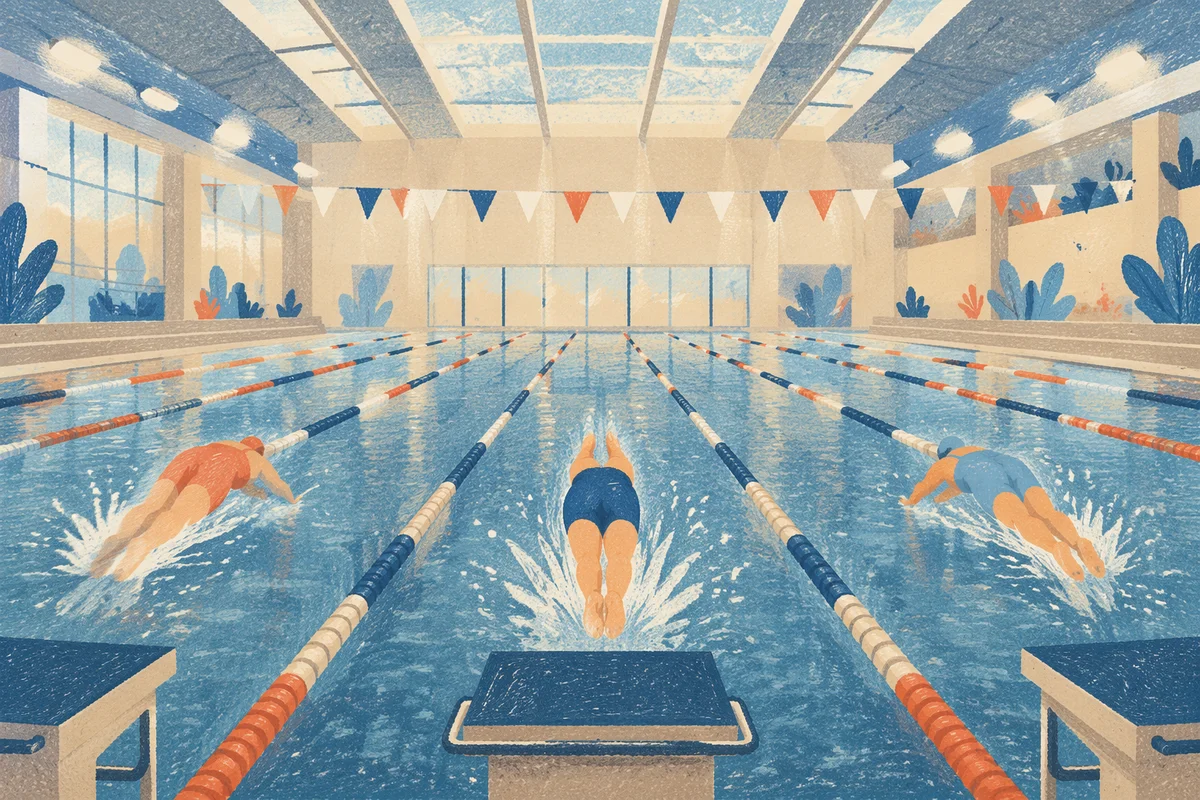 Indoor Swimming Race Start in Blue Lanes