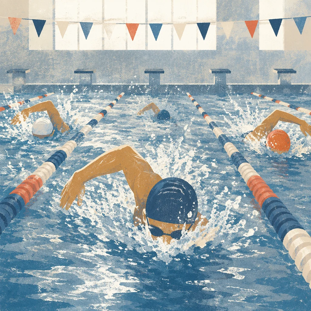 Competitive Swimming Race in Indoor Pool