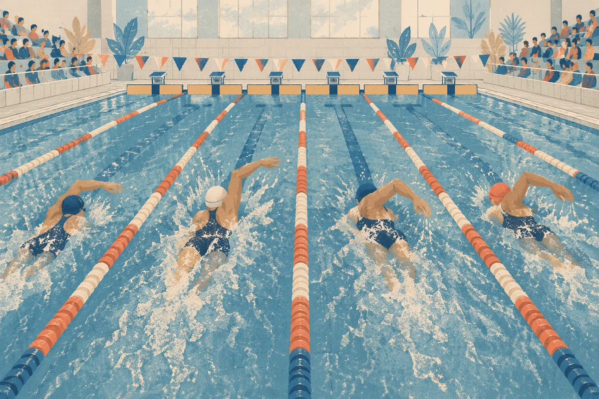 Competitive Swimming Race in Indoor Pool