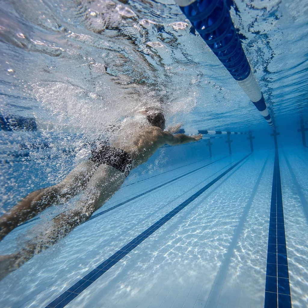 Underwater Swimmer Racing Through Pool Lanes