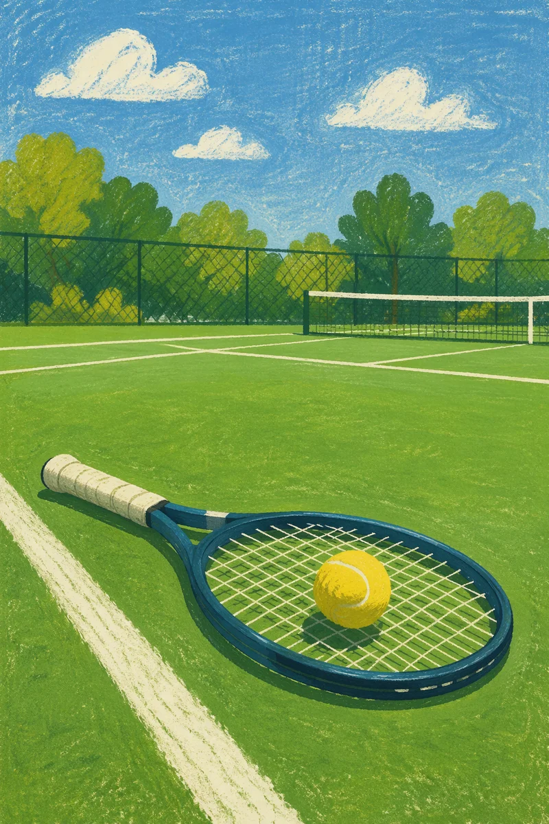 Sunny Tennis Court with Racket and Ball