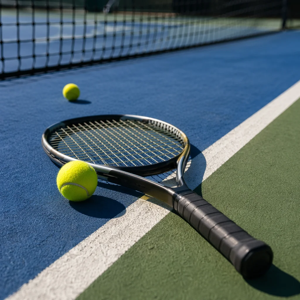Sunny Tennis Court Racket and Ball