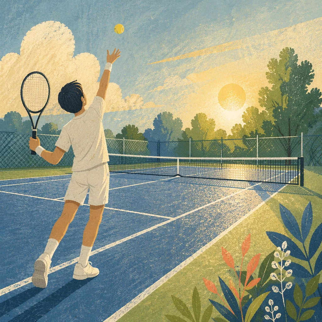 Early Morning Tennis Serve on Outdoor Court